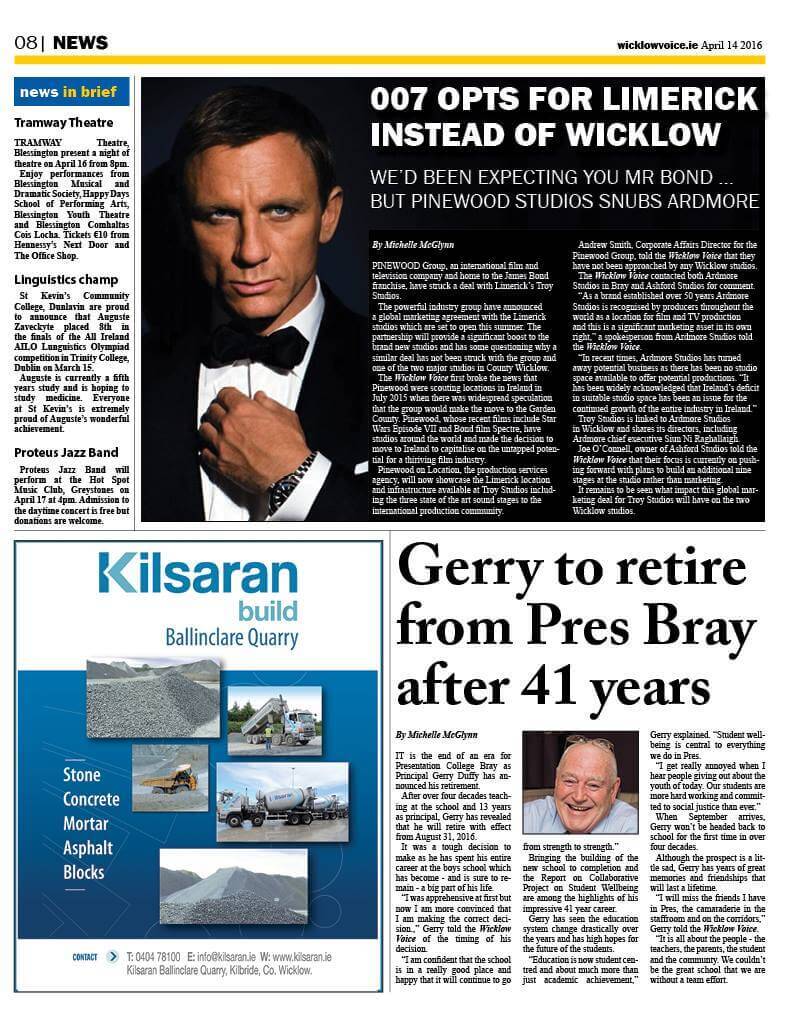 Nice article about Gerry in this week's Wicklow Voice - the only man who could upstage James Bond! 13.4.2016
